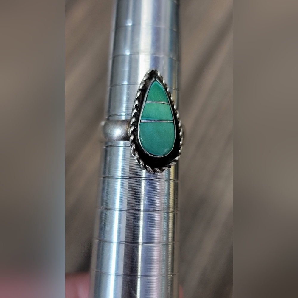 Sterling Silver Teardrop Turquoise Inlay Ring - Green Turquoise